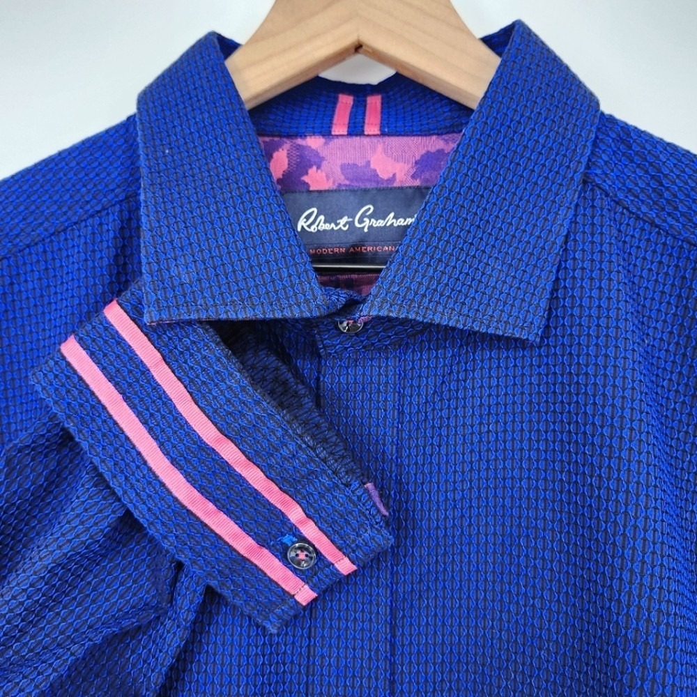 Robert Graham Mens Flip Cuff Shirt Size 3XL Bold Blue Pink Modern Tailored Fit